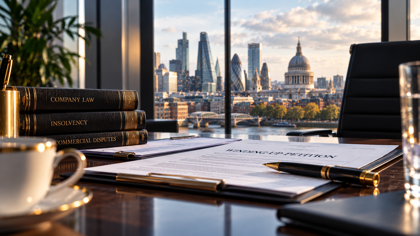 London business office overlooking the city skyline with insolvency documents