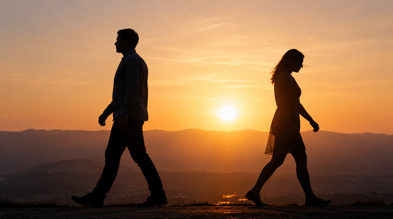 Two people walking in opposite directions at sunset, representing the final divorce order