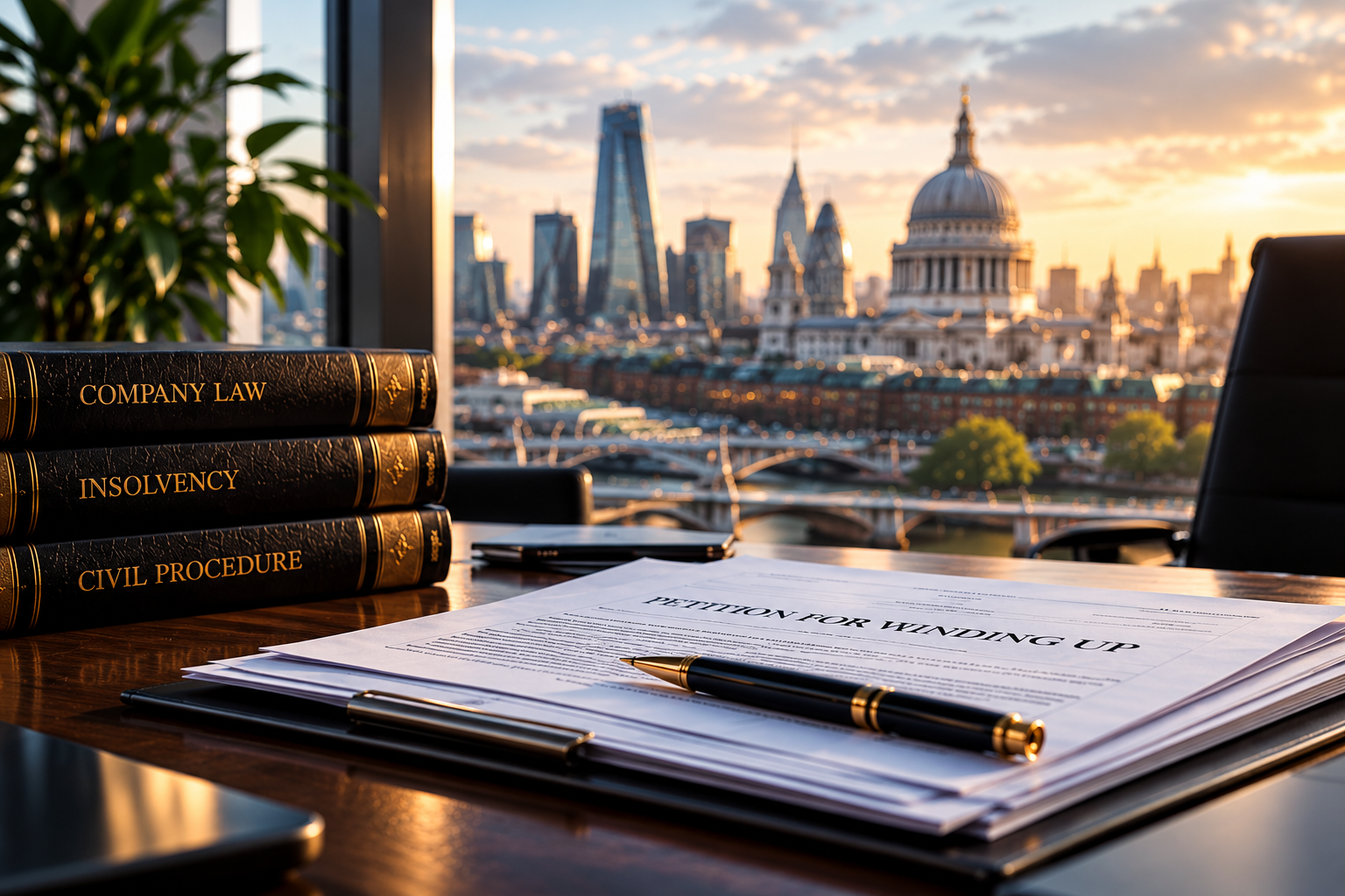 Winding-up petition documents with London skyline