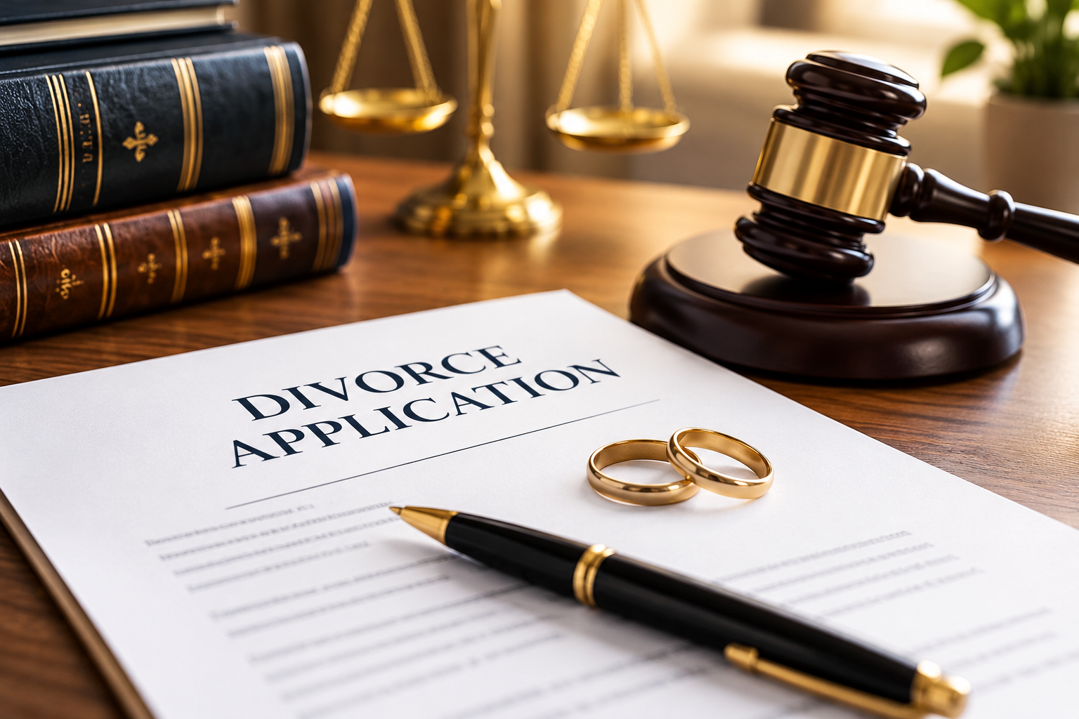 Divorce application documents, wedding rings and legal gavel